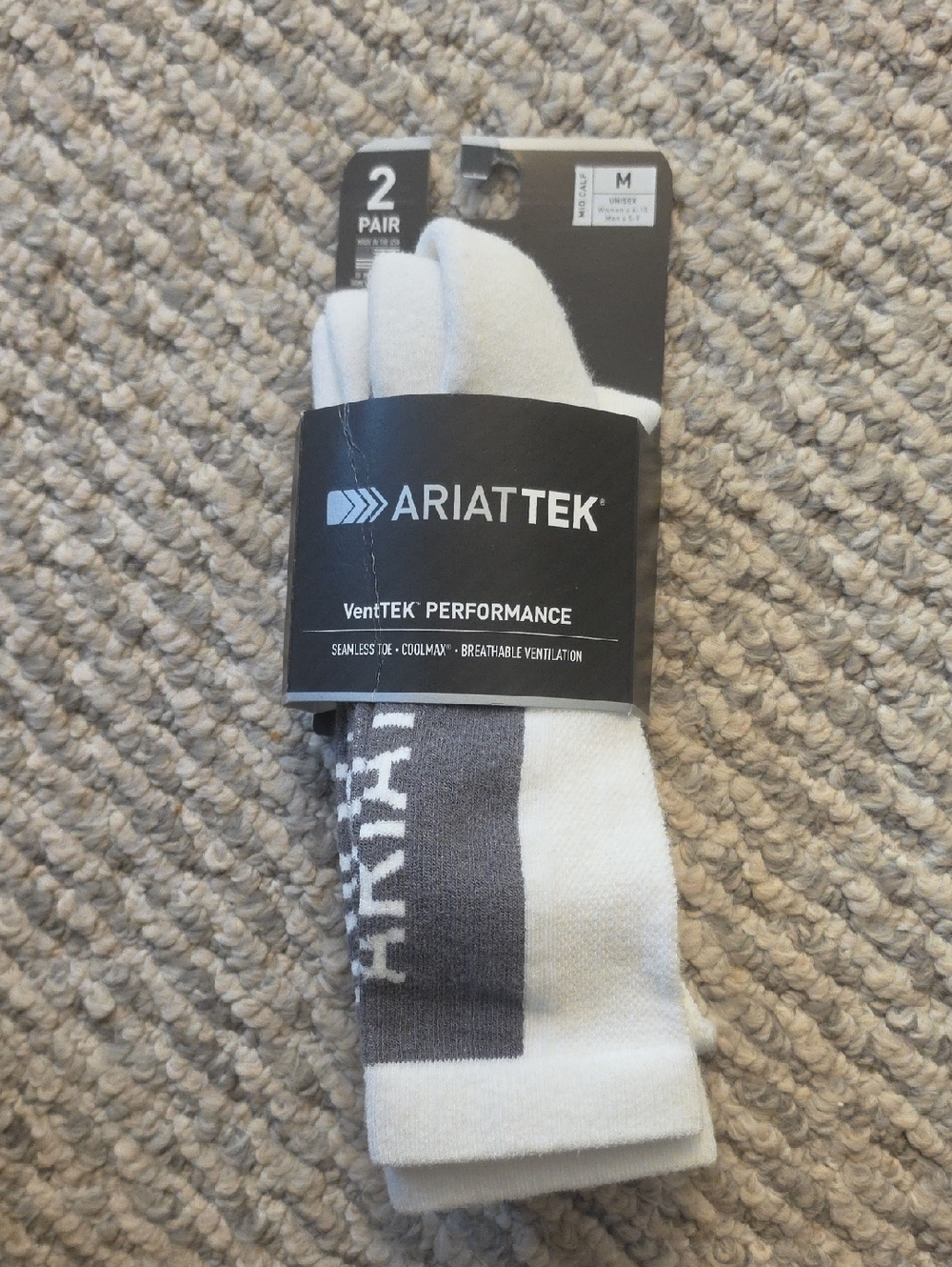 Ariat Tek VentTEK Performance Crew Socks - White & Gray (2-Pack)